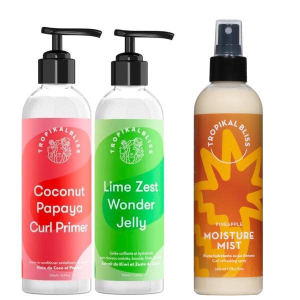 Boucles hydratées & définies avec TropikalBliss. Ce pack comprend le leave-in Coconut Papaya Curl Primer, la gelée Lime Zest Wonder Jelly, le Pineapple Moisture Mist