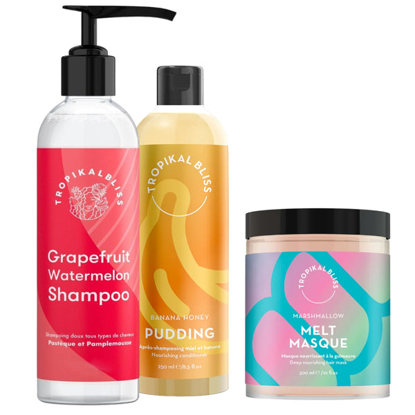 Pour des cheveux propres, hydratés et fortifiés ! Ce pack Tropikalbliss comprend Grapefruit Watermelon Shampoo, Banana Smoothie Conditioner et Marshmallow Melt Mask.
